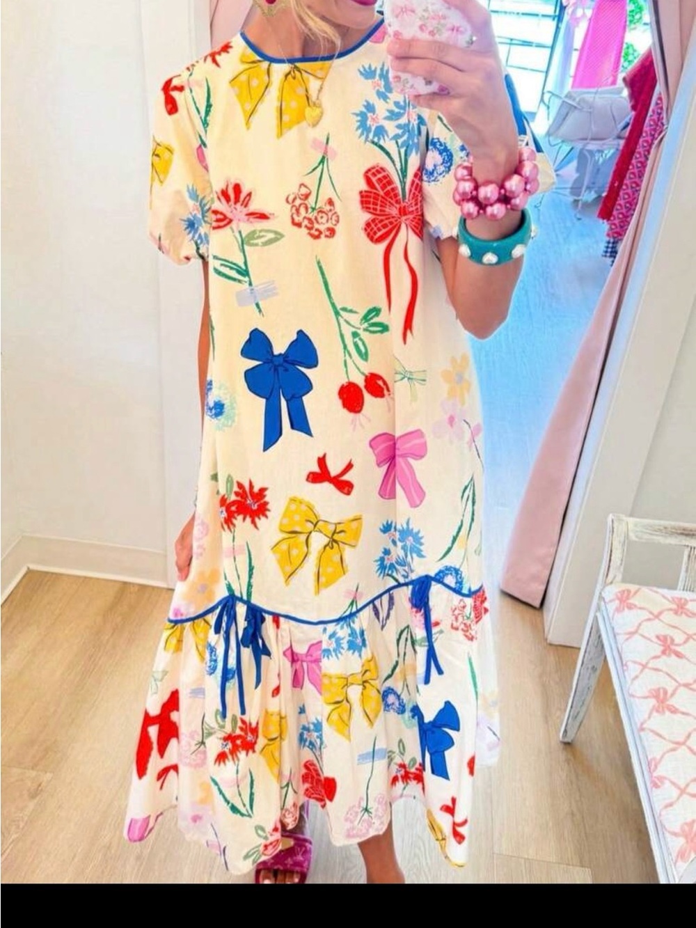 Floral Bow Print Midi Dress - White with Multicolor Bows